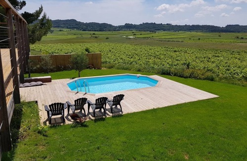 Plaissan Villa | Wooden villa with lodge, terrace on stilts, swimming pool, exceptional vineyard views, 3-star rating