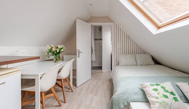 Under a perched roof, a small cocooning studio with private Spa